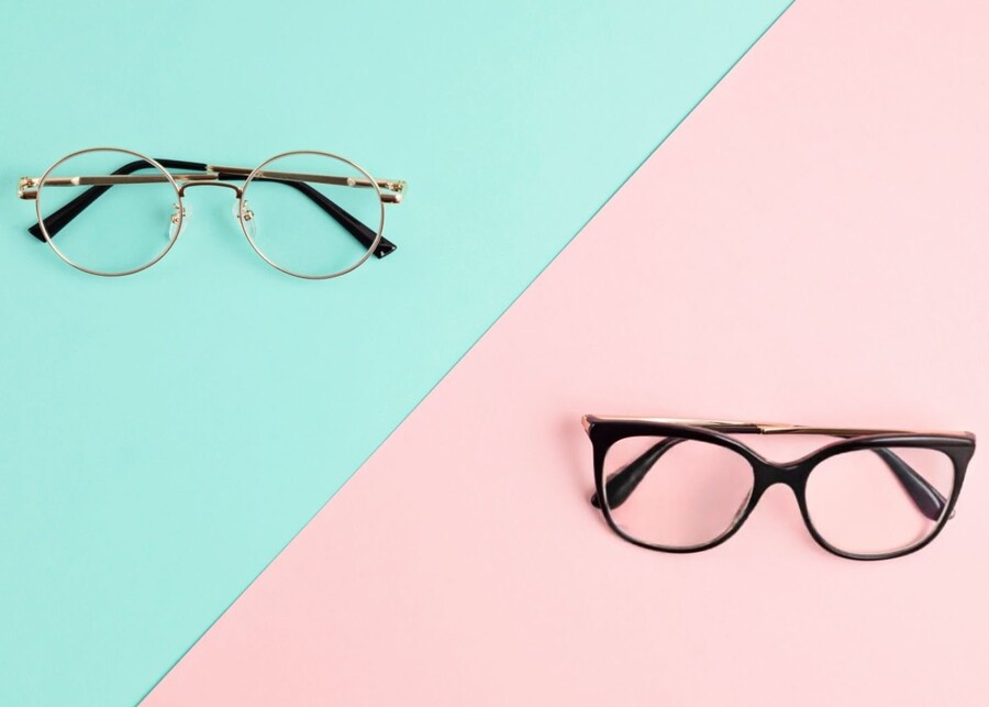 A split image showing colorful plastic frames on one side and sleek metal frames on the other.