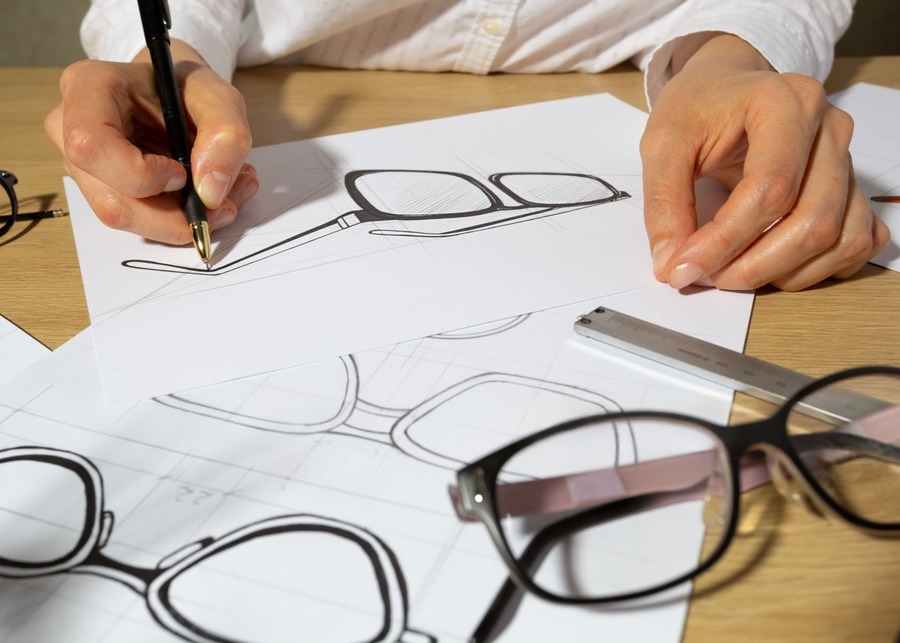 A person sketching eyewear designs with material samples on the table.